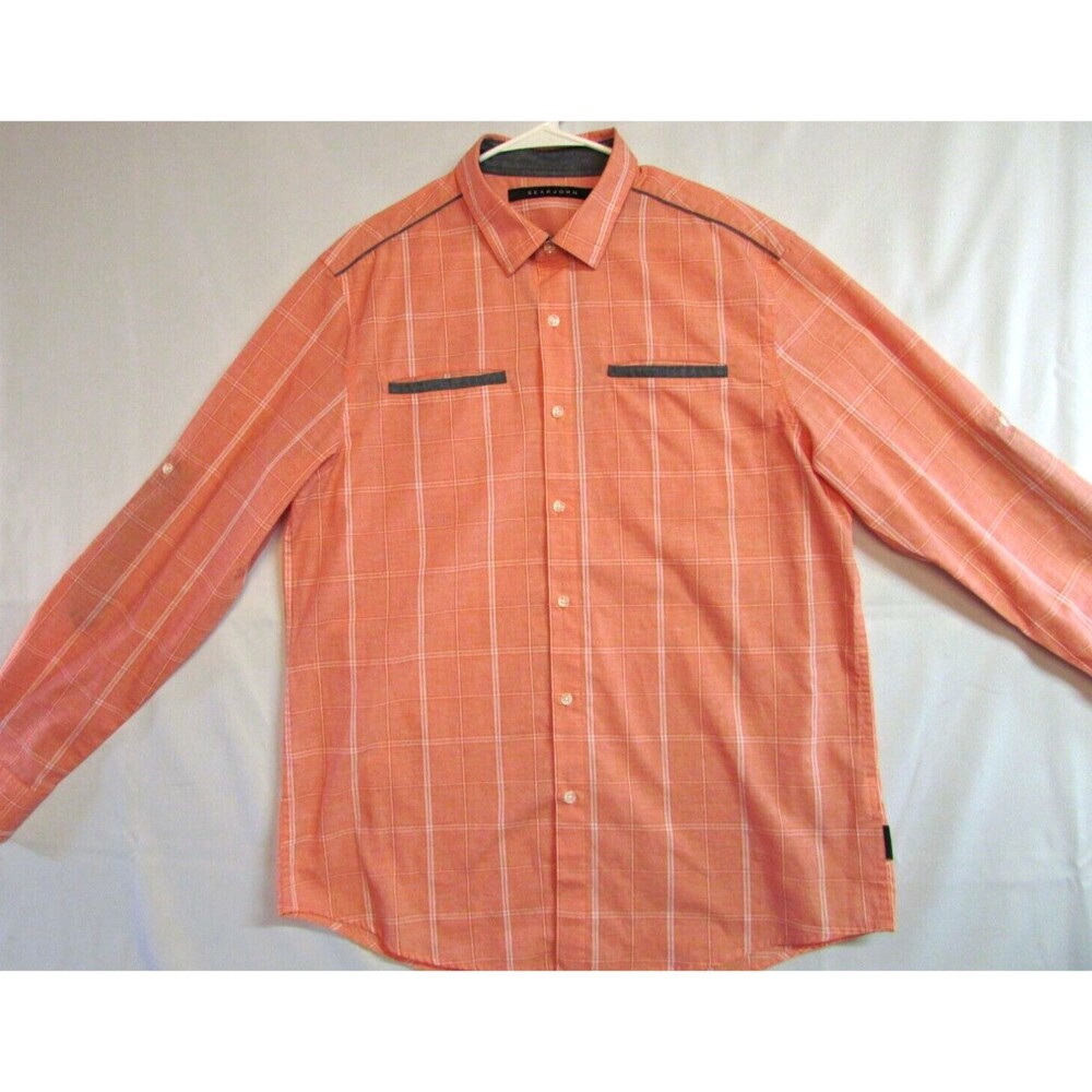 Sean John Shirt Men's XL Salmon Striped Button Down Long Sleeve Cotton Blend